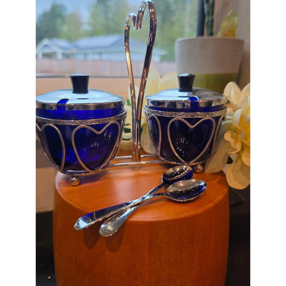 VTG MCM Cobalt Blue Glass Double Jam Condiment Server Set Heart Chrome Caddy